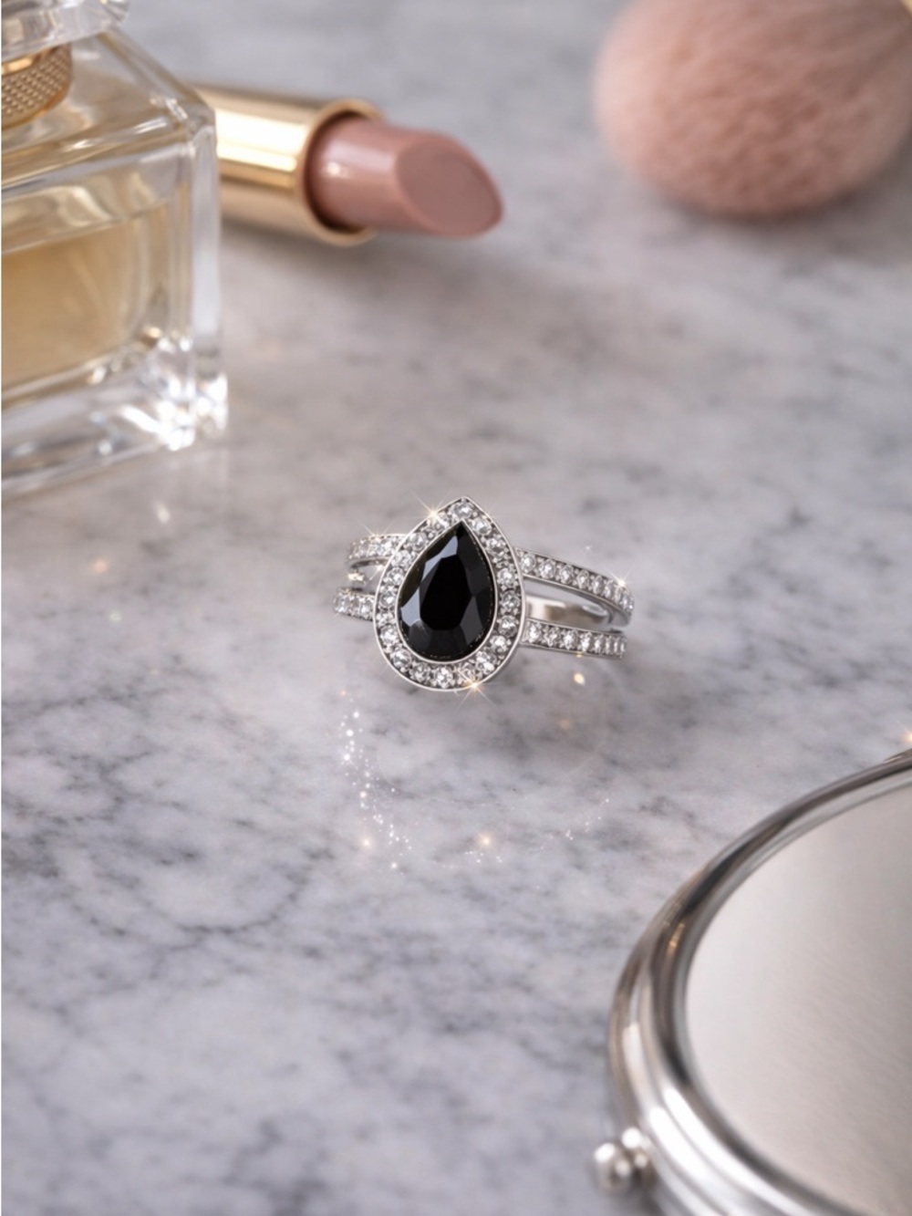 Black Onyx Pear Halo Ring | Double Band | Size 5.5–6